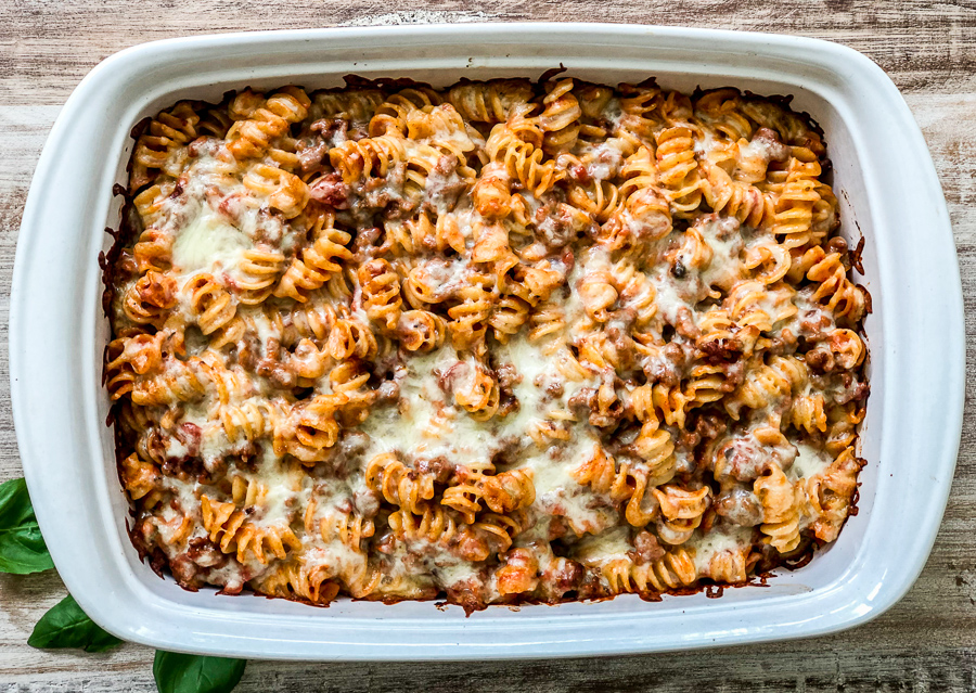 Fully baked dish of the simple sausage pasta bake