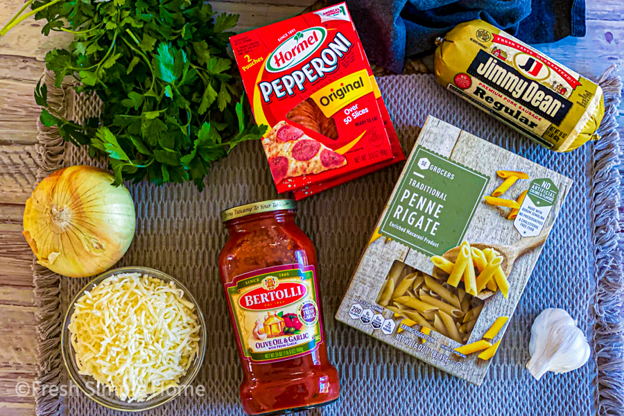 Ingredients for the Cheesy Pepperoni Pizza Pasta. 